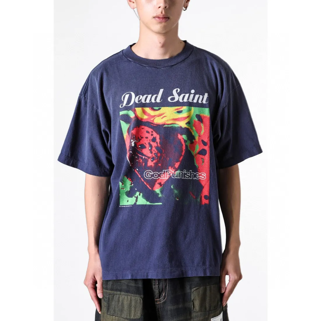 SAINT Mxxxxxx DEAD SAINT SS TEE/NAVY DEAD SAINT printed short sleeves God's Punishment TEE Washed blue S-XL Genuine consistent tube weaving without side seams High weight OE yarn fabric Assute dyeing Multiple horse fades Heavy wash water Worn holes Original consistent main mark/wash mark/little angel anti-counterfeiting mark